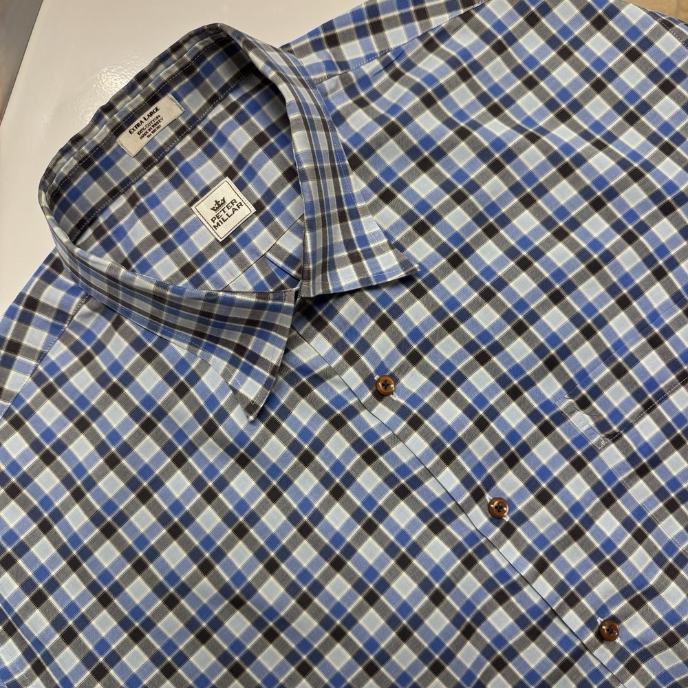 Peter Millar Shirt Mens XL Blue Brown Plaid Button Up Long Sleeve Formal Classic